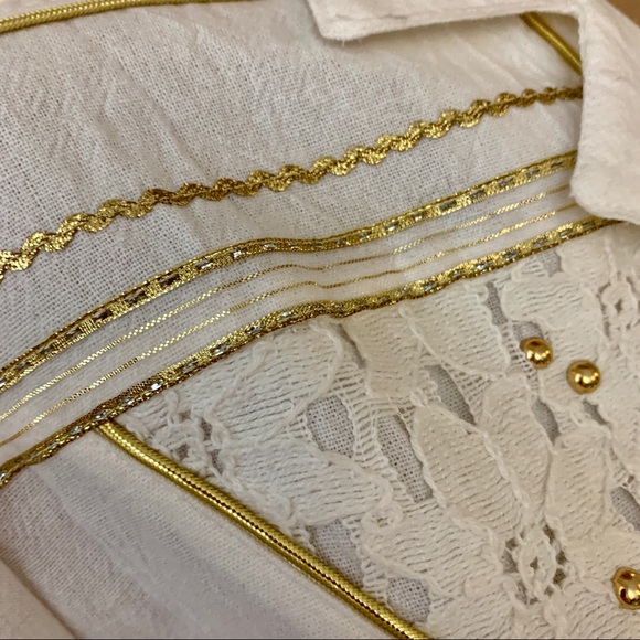 NWT |  90s Vintage Button Front Romper | White | L | Cotton | Gold Trim - Picture 4 of 7